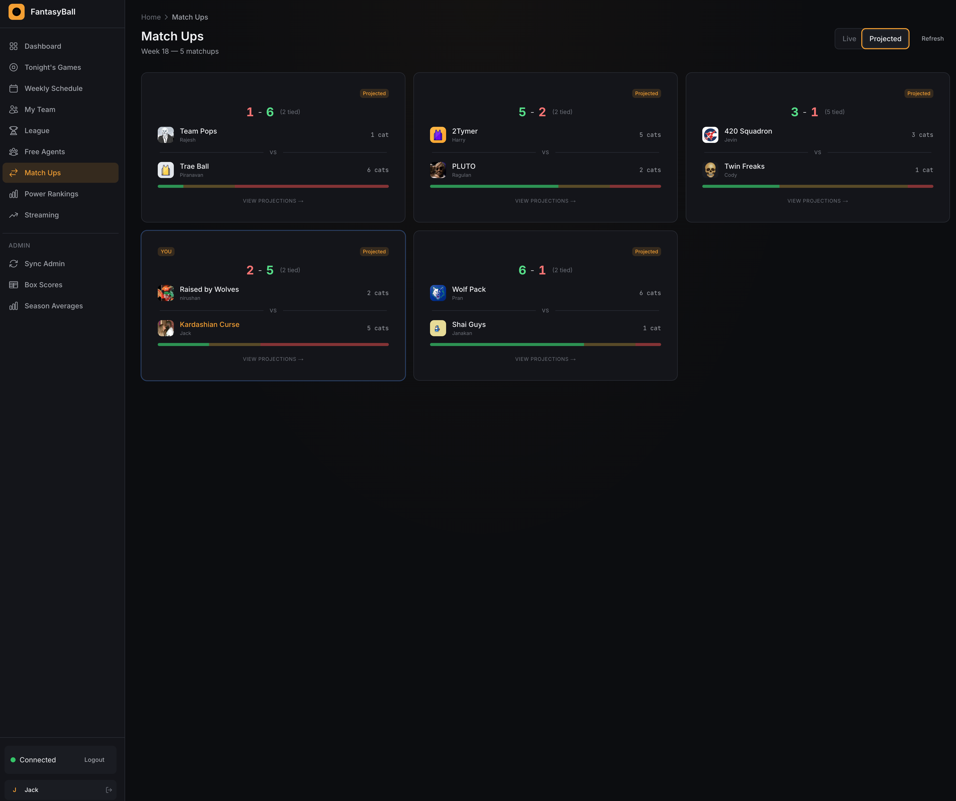Matchup projections view
